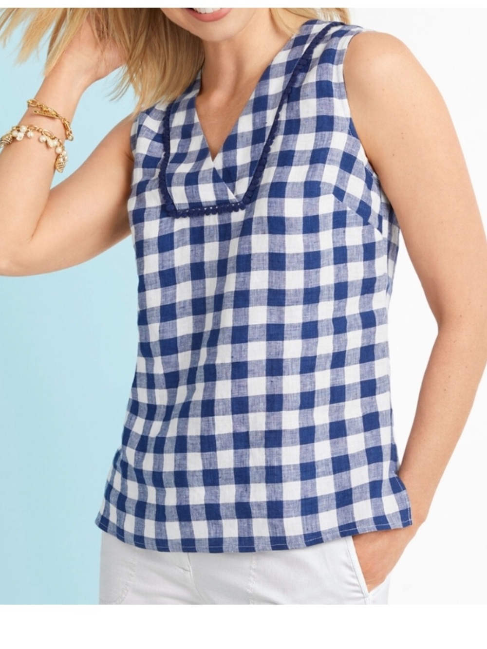Talbots Linen Gingham Linen Sleeveless Top